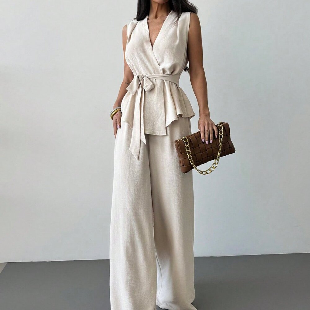 Apricot Elegant Casual Womens Loose V Neck Sleeveless top & Straight Leg Pants - Picture 4 of 7